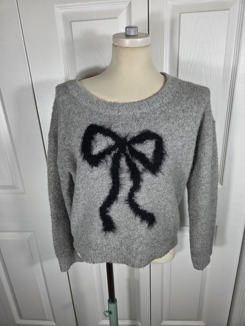 Maeve Anthropologie Bow Sweater Fuzzy Knit Coquette Gray Small